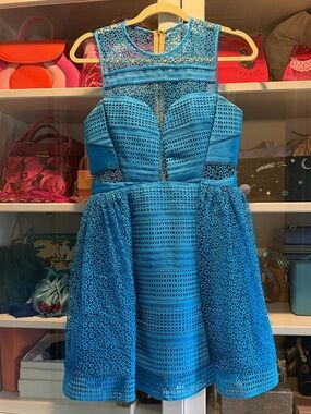 Three Floor cerulean blue mini dress with sheer panels and lace